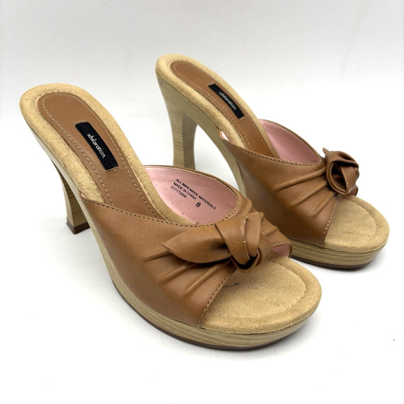 Vintage 00s Y2K Xhilaration Tan Faux Leather Wooden Block Heel Open Toe Pumps 8 - Picture 3 of 16
